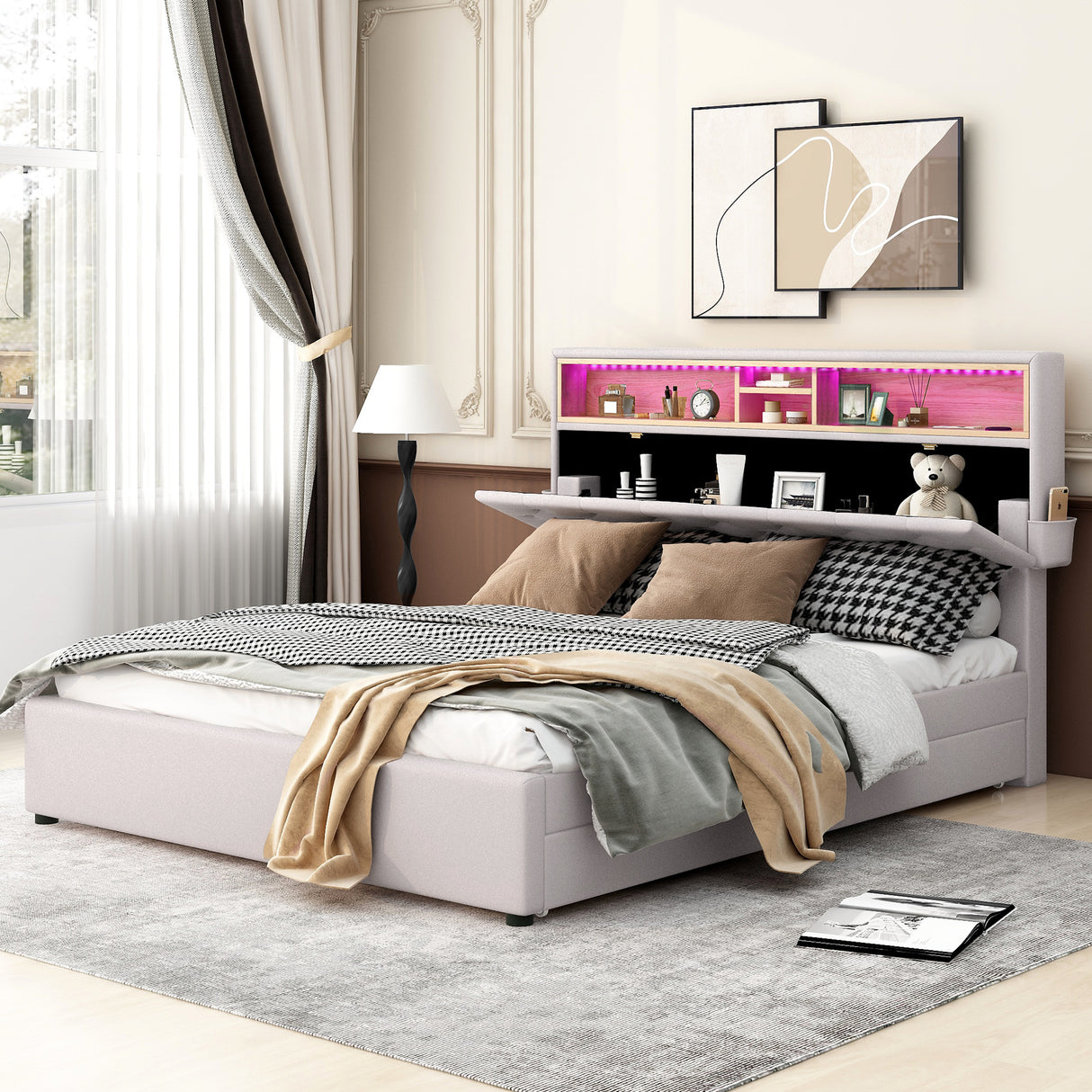 Queen Size Upholstered Platform Bed with Storage Headboard  LED  USB Charging and 2 Drawers  Beige
