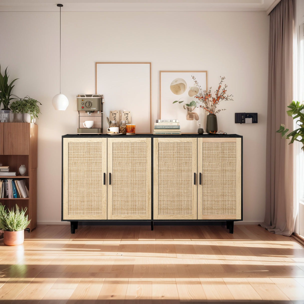 62.20"Elegant and Functional 4-Door Rattan Decorative Storage Cabinet,for Bedroom,Living Room,Office,Easy Assembly,Black - V.I.P Digital Presence