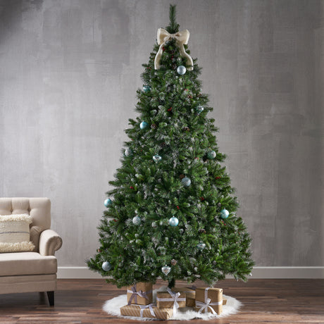 9' Glitter Bristle Mixed Hinged Tree with 72 Red Berry and 73 Pine Cones and 2099 tips,Dia:66 - V.I.P Digital Presence
