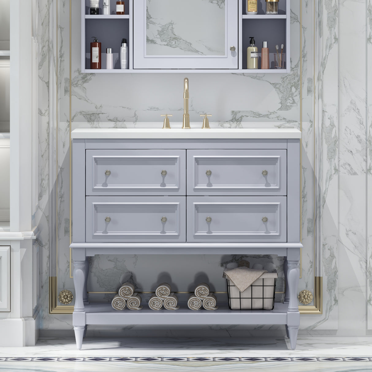 36" Bathroom Vanity Cabinet with Sink Combo Set, Undermount Resin Sink, Free Standing Vanity Set with 4 Drawers Blue - V.I.P Digital Presence