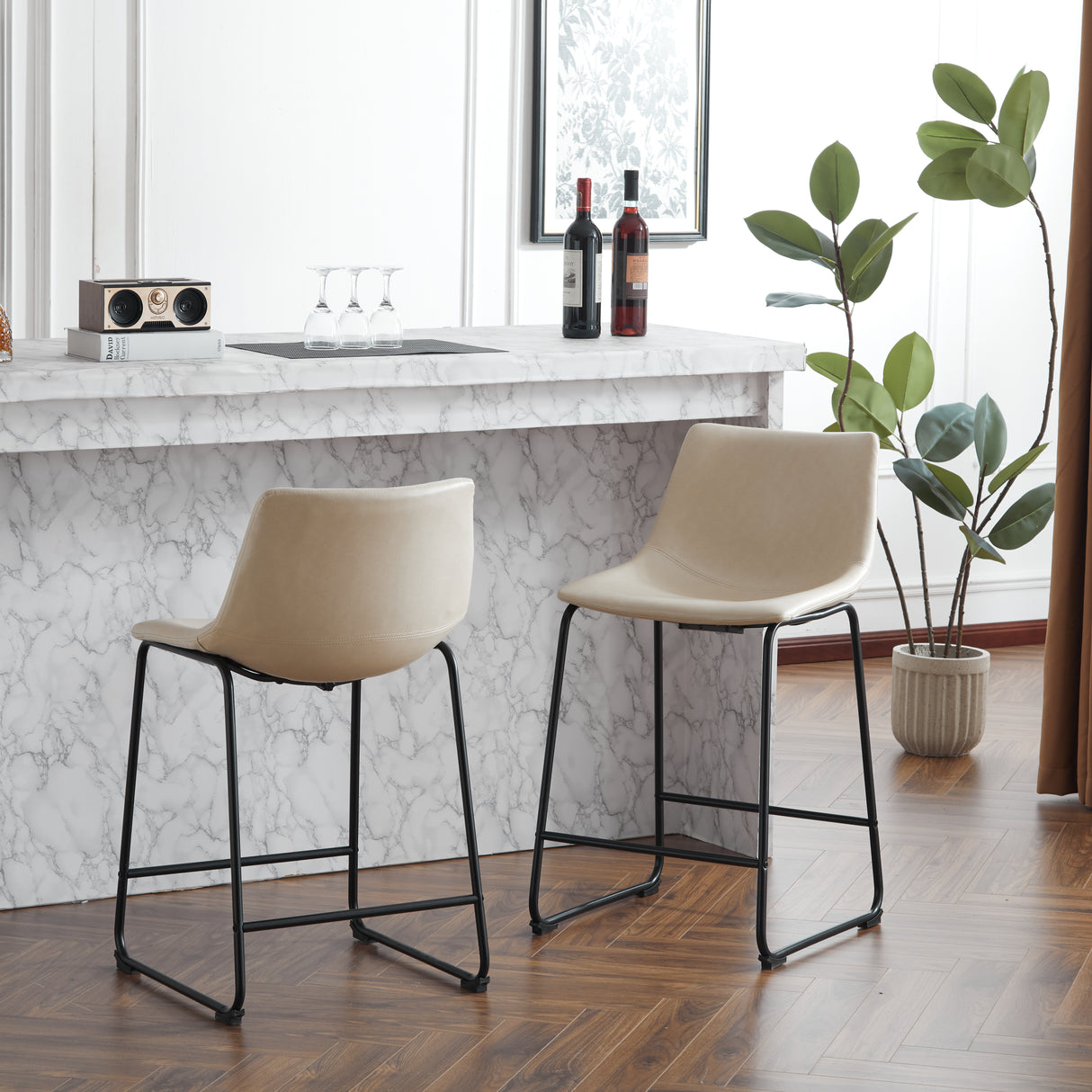 (2 sets) Retro style 24 inch armless industrial faux leather counter stool with metal legs and footrests, cream and black - V.I.P Digital Presence