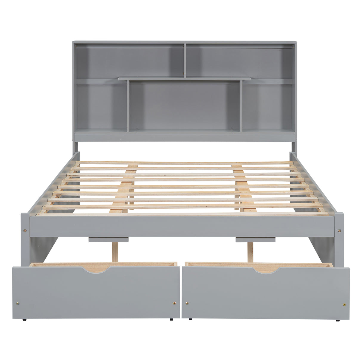 Queen Size Platform Bed with Storage Headboard and 2 Drawers, Gray - V.I.P Digital Presence