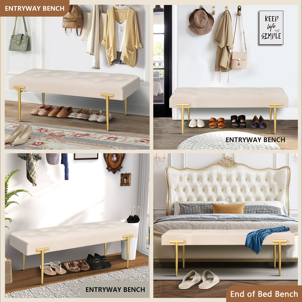 48'' Modern Ottoman Bench Velvet Bench Upholstered Footrest With Gold Metal Legs And Padded Seat For Bedroom Living Room - V.I.P Digital Presence