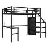 Full sized loft bed with L-shaped desk and USB, metal loft bed with wardrobe and adjustable shelf, black color - V.I.P Digital Presence
