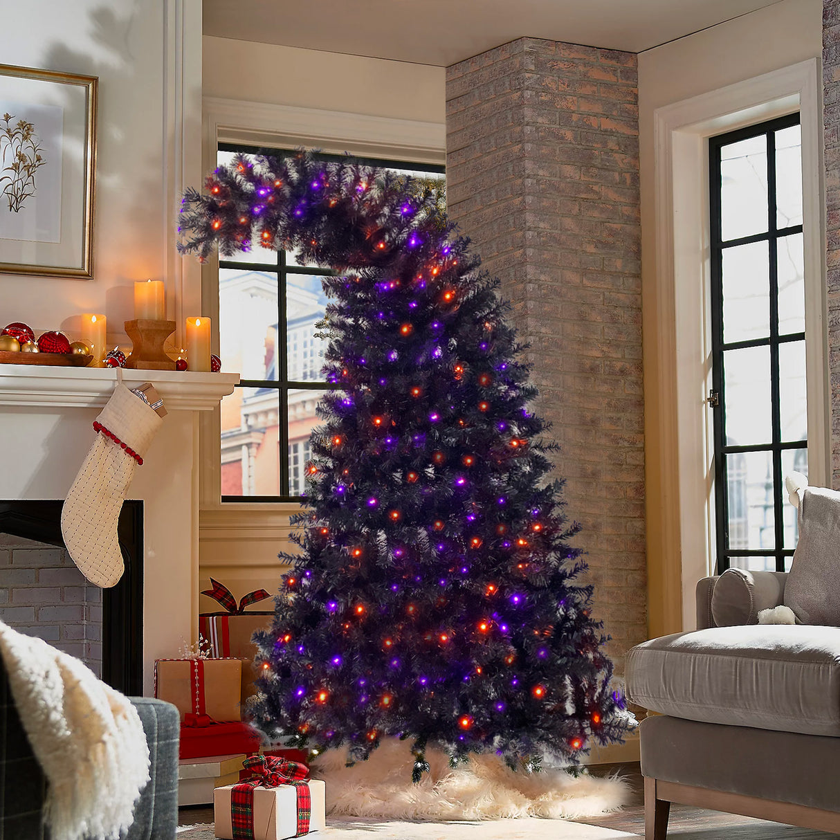 6FT artificial fir curved top Halloween tree, with 1080 lush branch tips and 300 LED lights in a Christmas and Halloween style - V.I.P Digital Presence