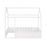 {Slats are not included}Twin Size Wood Bed House Bed Frame with Fence for KidsTeens Girls Boys {White}