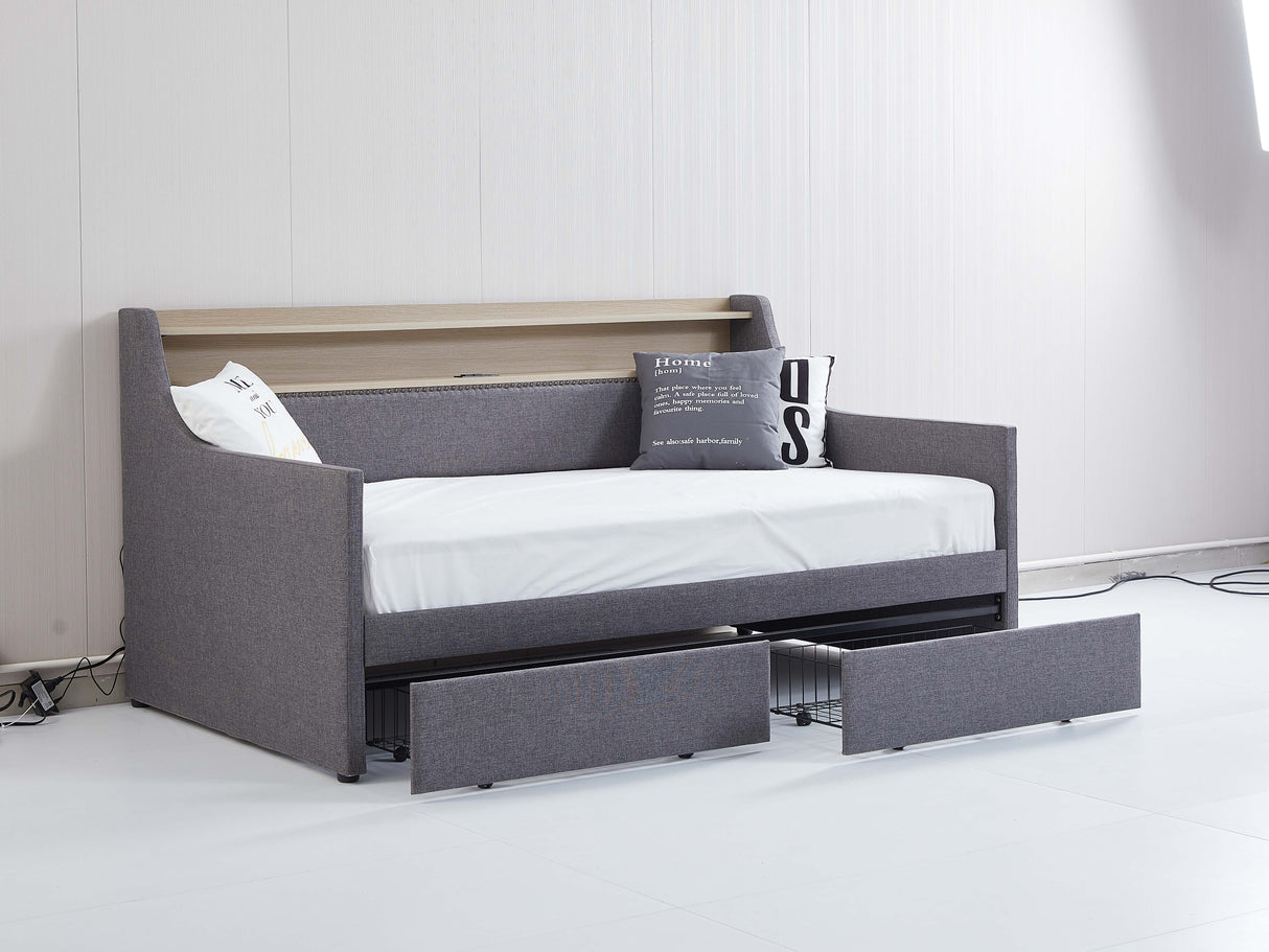Twin Size Daybed with Storage Drawers, Upholstered Daybed with Charging Station and LED Lights, Gray - V.I.P Digital Presence