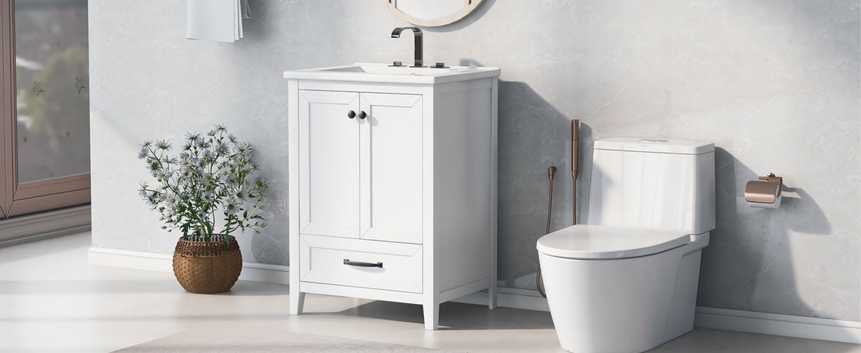 24" Bathroom Vanity with Sink, Bathroom Vanity Cabinet with One Drawer and Doors, Solid Wood and MDF, White - V.I.P Digital Presence