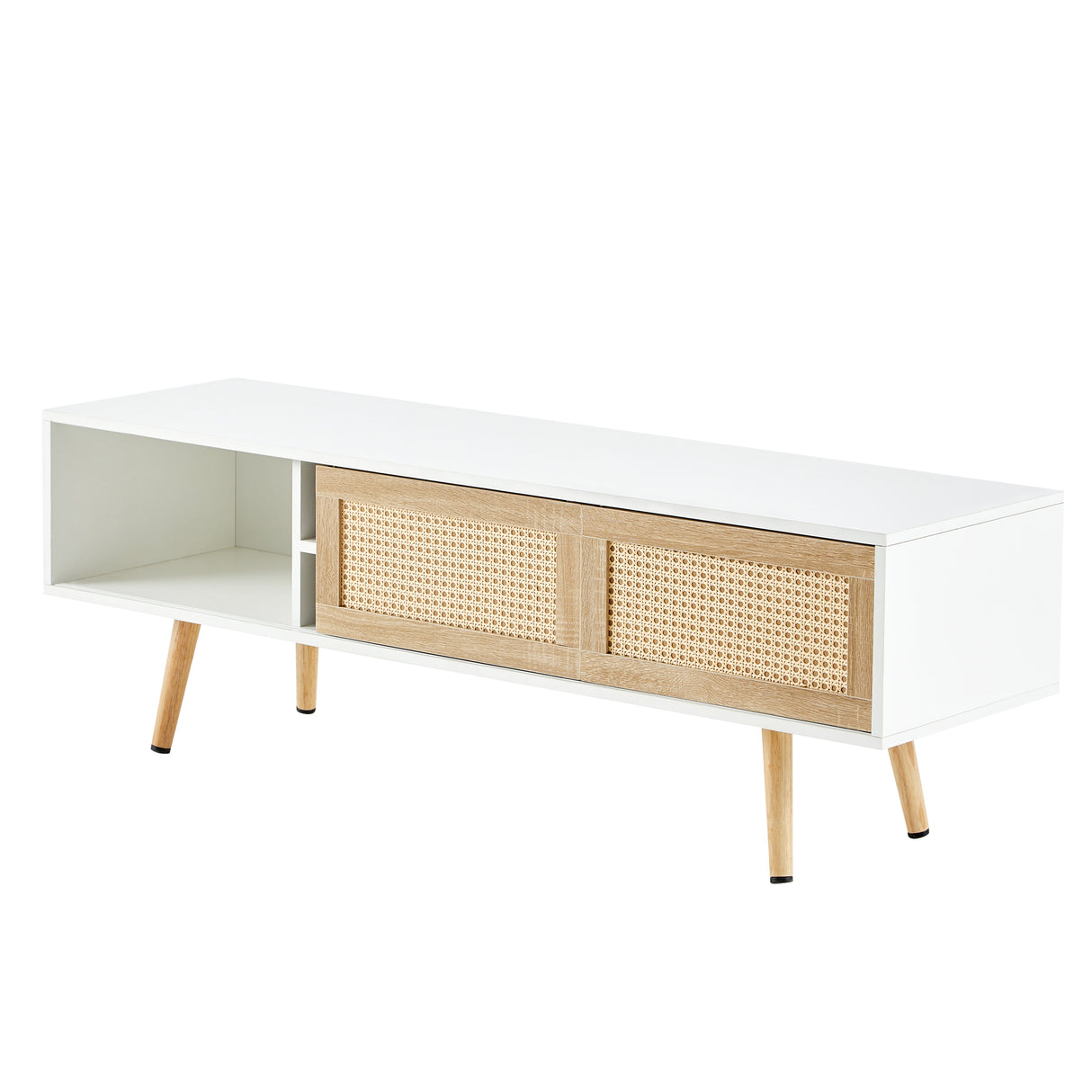 55.12" Rattan TV cabinet double sliding doors for storage adjustable shelf solid wood legs TV console for living room  White - V.I.P Digital Presence