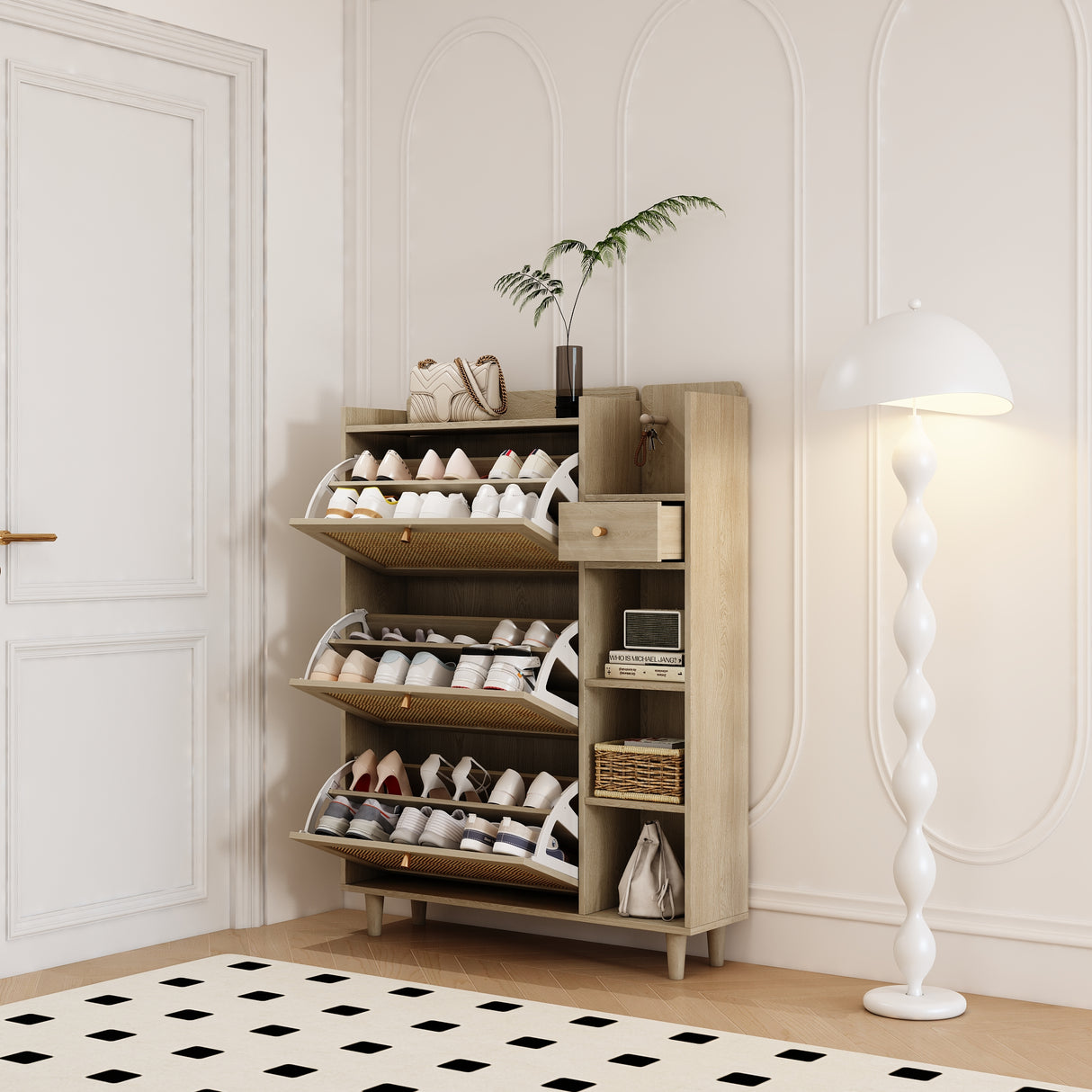 Natural Bohemian style shoe cabinet with 3 rattan flip drawers, 3 square shelves, and 1 storage drawer,  Natural - V.I.P Digital Presence