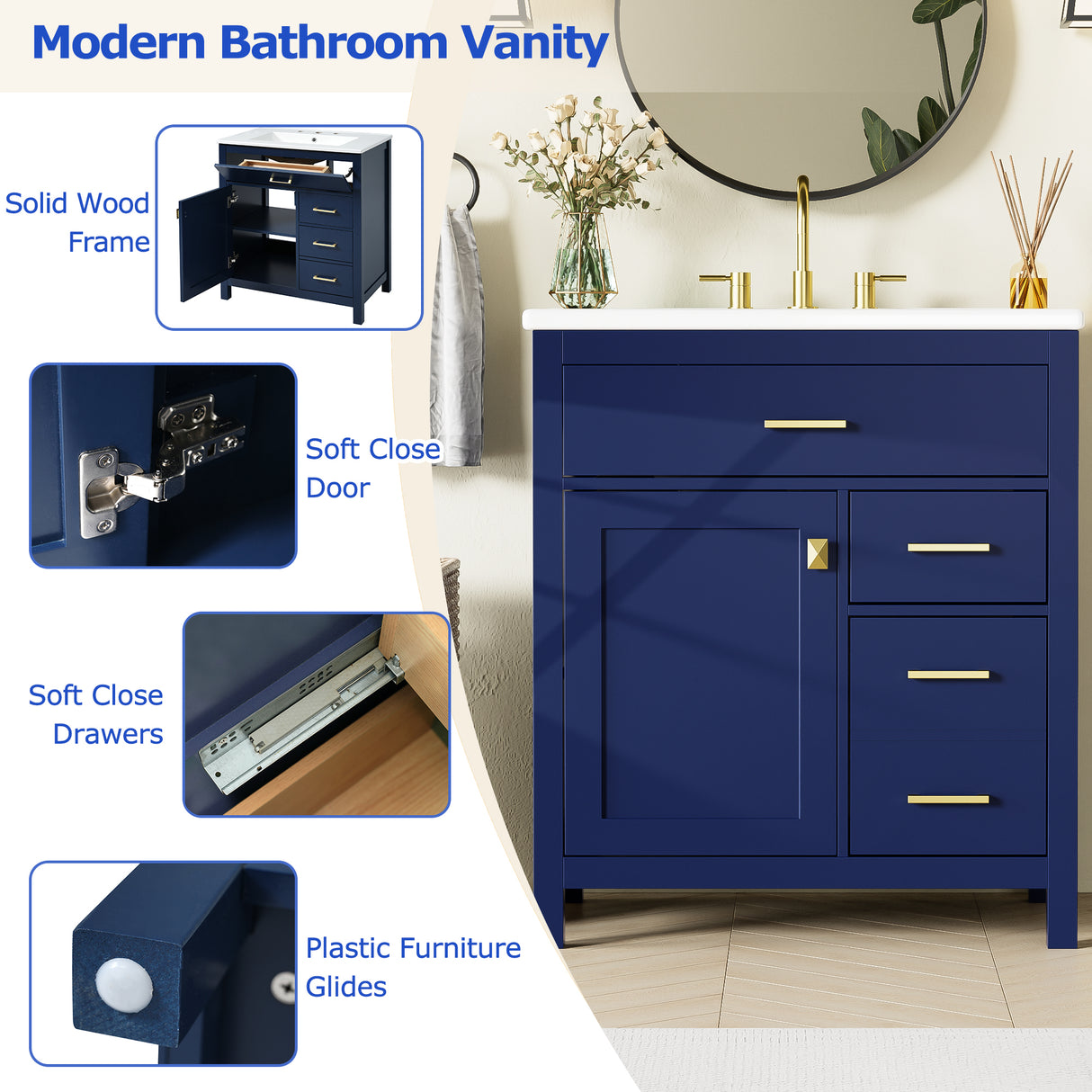 30-Inch Blue Bathroom Vanity with Ceramic Sink and Ample Storage - Ideal Choice for Small Bathrooms - V.I.P Digital Presence