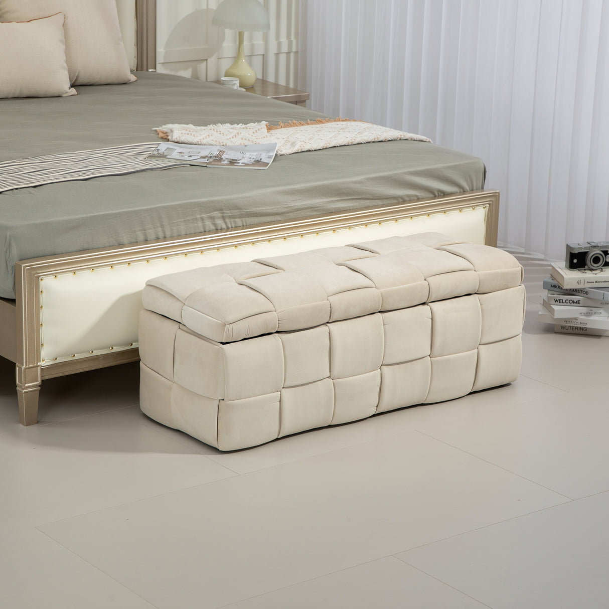 COOLMOR storage Ottoman chair, bedroom end stool, cushioned fabric entrance cushioned footstool with safety hinge (beige) - V.I.P Digital Presence