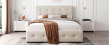 Upholstered Platform Bed with Classic Headboard and 4 Drawers No Box Spring Needed Linen Fabric Queen Size Beige - V.I.P Digital Presence