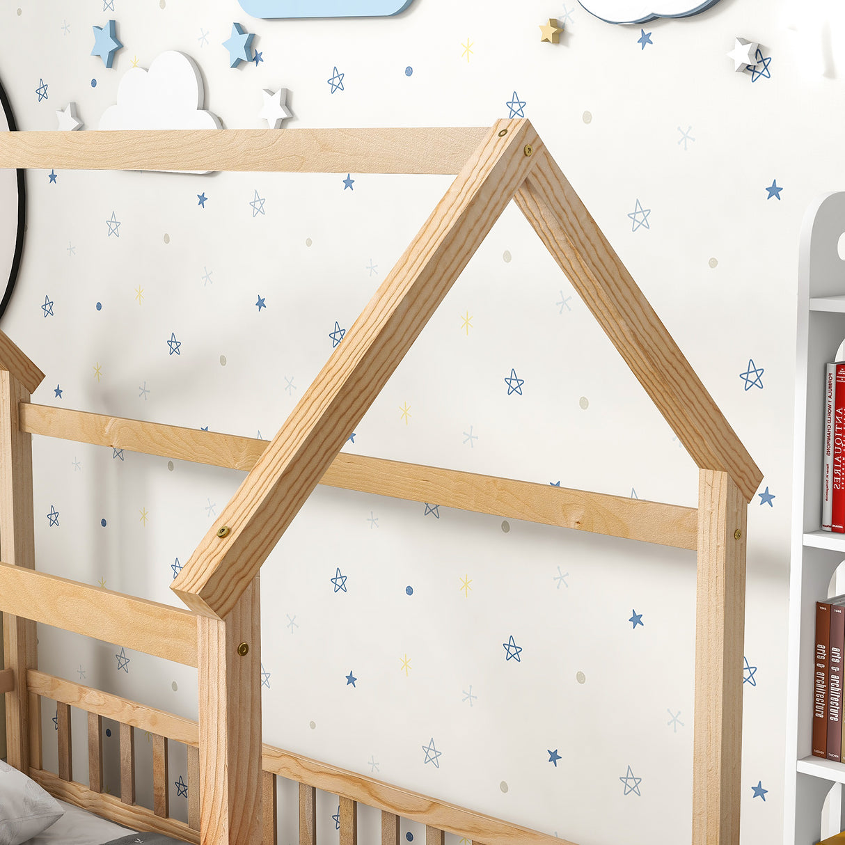 Twin Size Floor Wooden Bed with House Roof Frame, Fence Guardrails - V.I.P Digital Presence