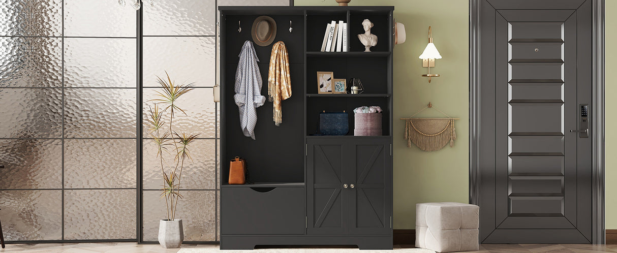 Multi-functional Hall Tree with Storage Shelves Drawers and Cabinet, Elegant Hallway Shoe Cabinet with Bench Modern Black - V.I.P Digital Presence