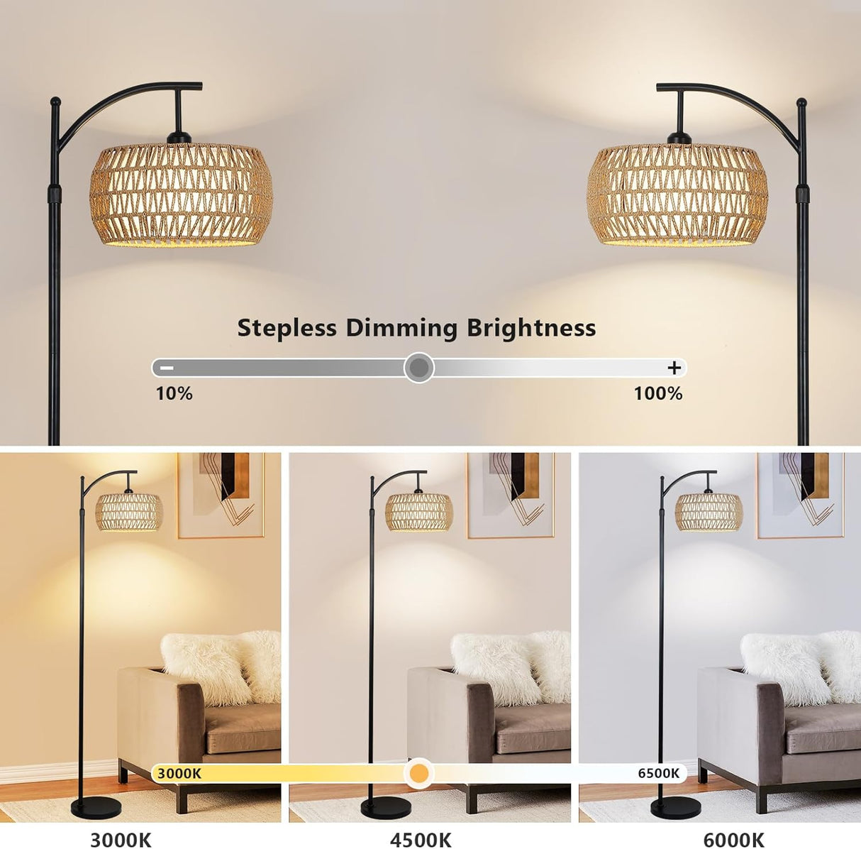 Arc Floor Lamp with Remote Control, Dimmable LED Floor Lamp with 3 Color Temperature Boho Farmhouse Tall Pole Lamp - V.I.P Digital Presence