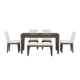 TOPMAX 6-Piece Dining Table Set with Upholstered Dining Chairs and Bench Farmhouse Style Tapered Legs Dark Gray+Beige