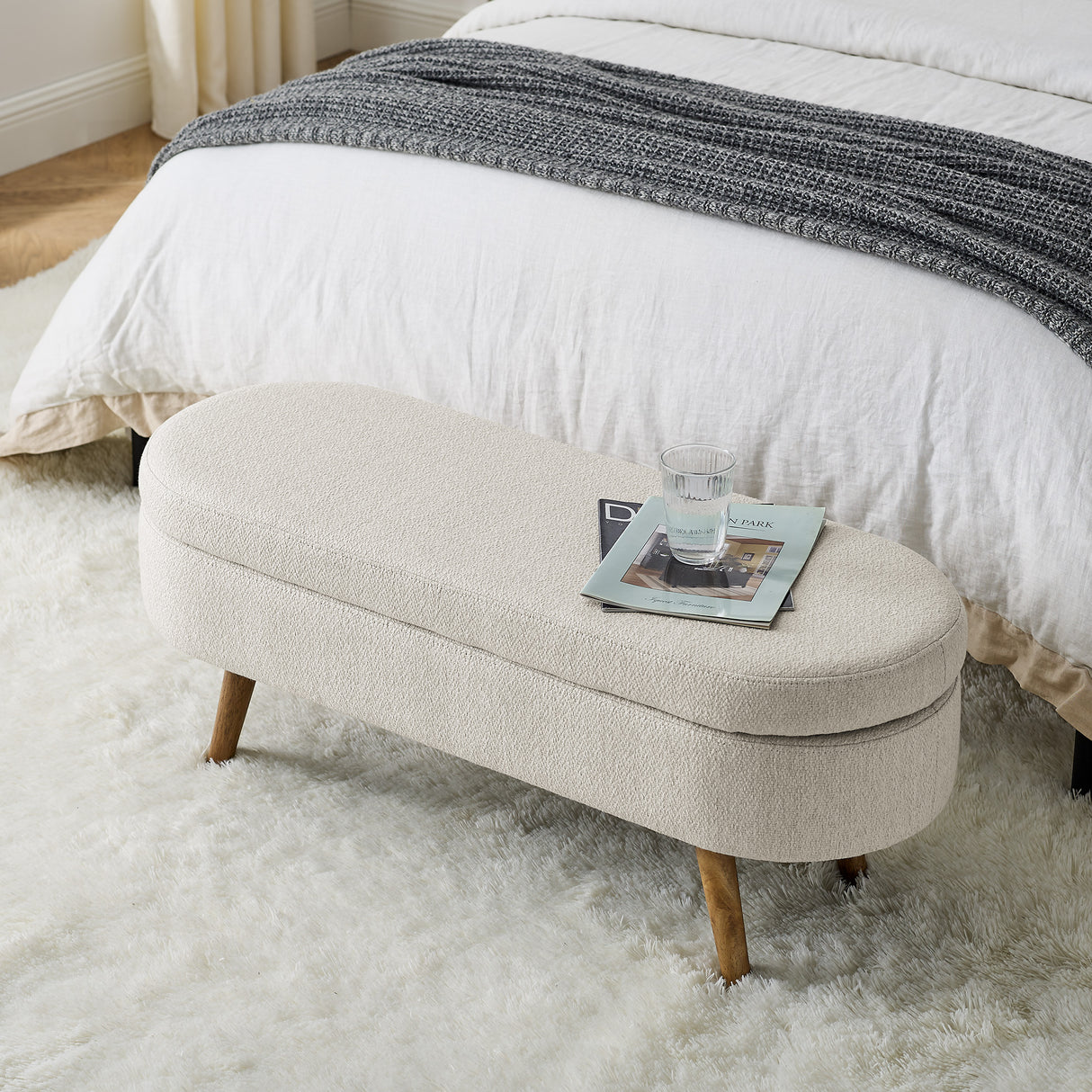 Ottoman Oval Storage Bench Rubber Wood Legs Beige(43.5"x16"x16")