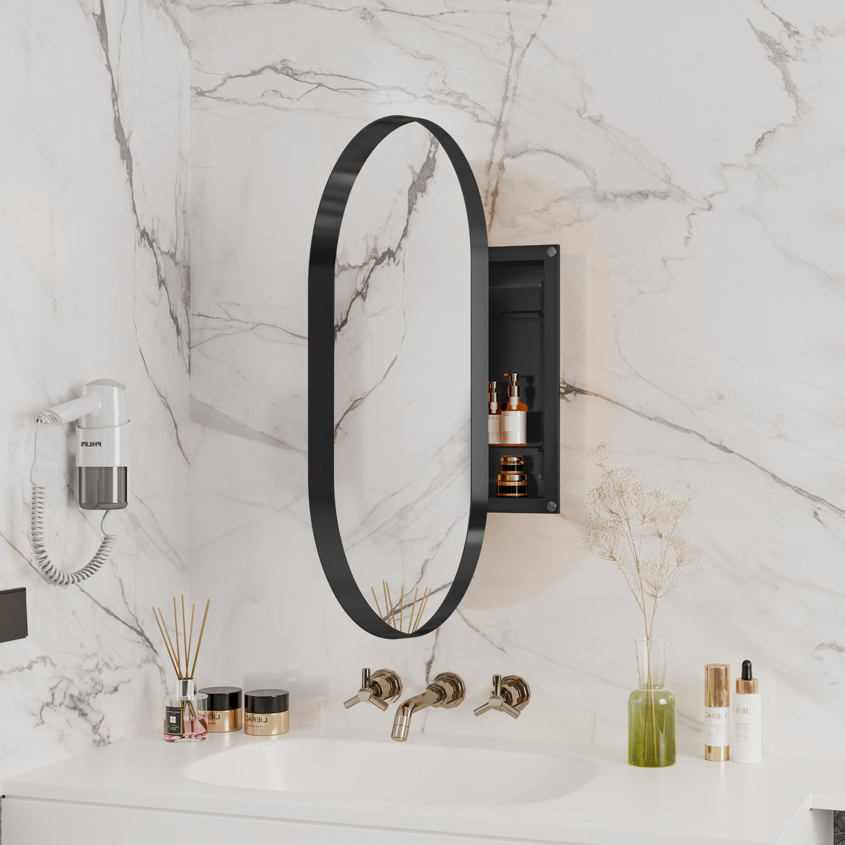 20x34 inch oval embedded medicine cabinet, metal frame bathroom cabinet with mirror and adjustable shelf matte black - V.I.P Digital Presence