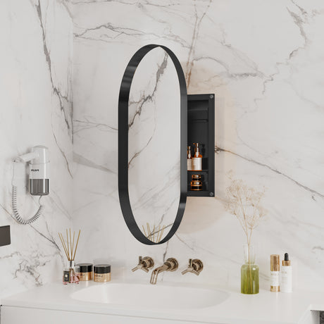20x34 inch oval embedded medicine cabinet, metal frame bathroom cabinet with mirror and adjustable shelf matte black - V.I.P Digital Presence