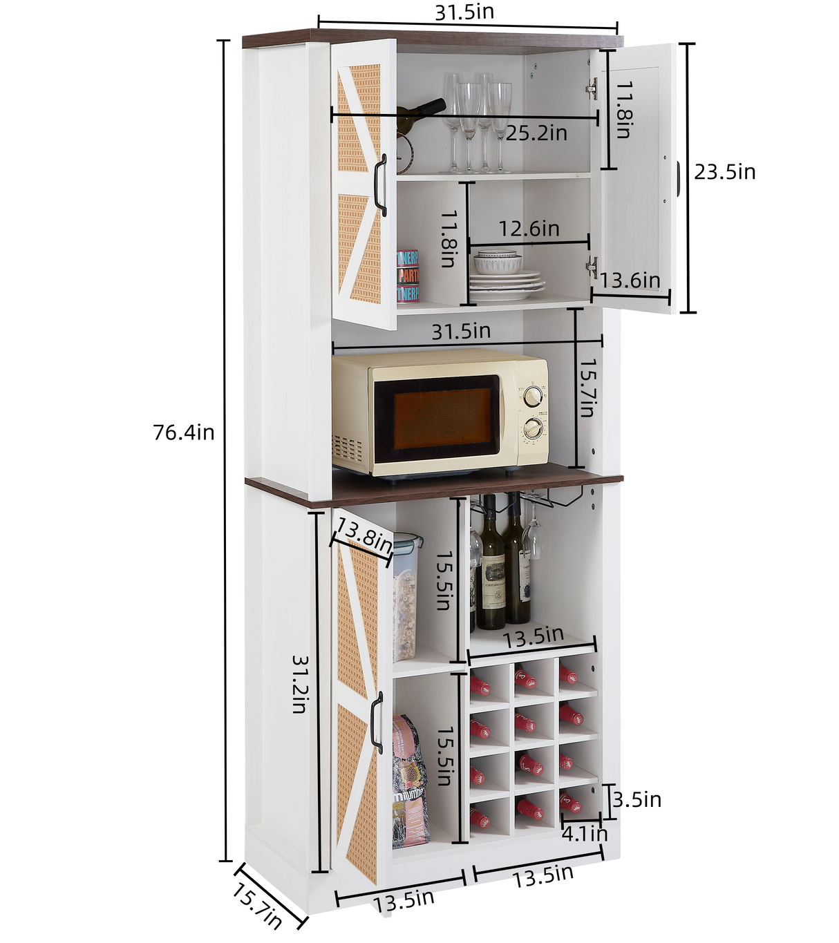 76 Inch Tall Farmhouse Kitchen Faux Rattan Wine Cabinet, Kitchen Bar Cabinet with Square Compartments and Shelves - V.I.P Digital Presence