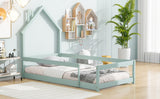 Twin Size Wood bed with House-shaped Headboard Floor bed with Fences,Light Green - V.I.P Digital Presence
