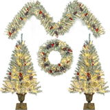 Pre-lit Xmas Tree Artificial Christmas 4-Piece Set,Garland, Wreath and Set of 2 Entrance Trees X-mas - V.I.P Digital Presence