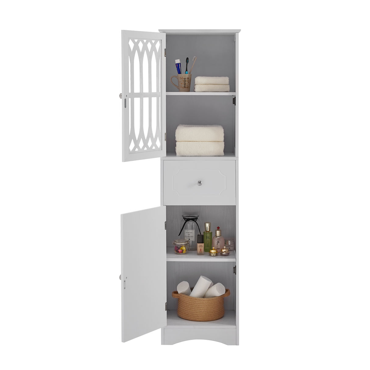 Tall Bathroom Cabinet, Freestanding Storage Cabinet with Drawer and Doors, MDF Board, Acrylic Door, Adjustable Shelf, White - V.I.P Digital Presence