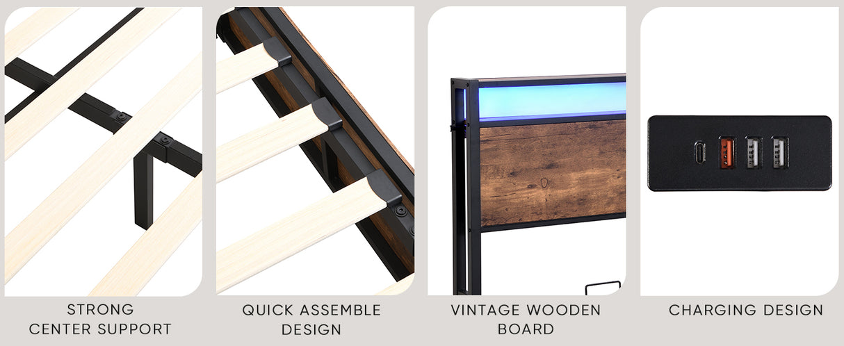 Elevating storage bed frame, full-size bed frame with bookshelf headboard and LED lights, with country brown color - V.I.P Digital Presence