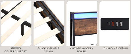 Elevating storage bed frame, full-size bed frame with bookshelf headboard and LED lights, with country brown color - V.I.P Digital Presence