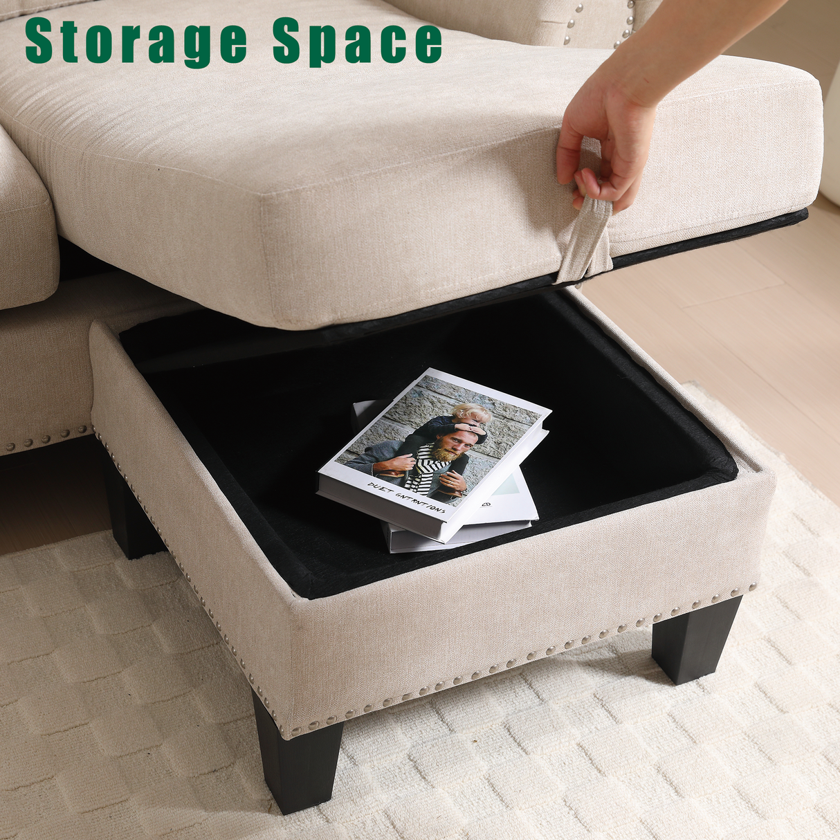 Convertible Sectional Sofa with Storage,L-shaped sofa,Four-seater sofa,Modern Linen Fabric Sectional Couches Beige - V.I.P Digital Presence