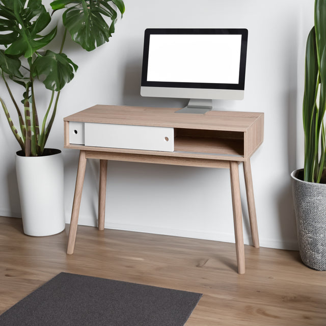 Kitchen Mid-Century Table Writing Desk with 2 Push-pull White Panel Drawers and Wood Legs, Natural Color - V.I.P Digital Presence