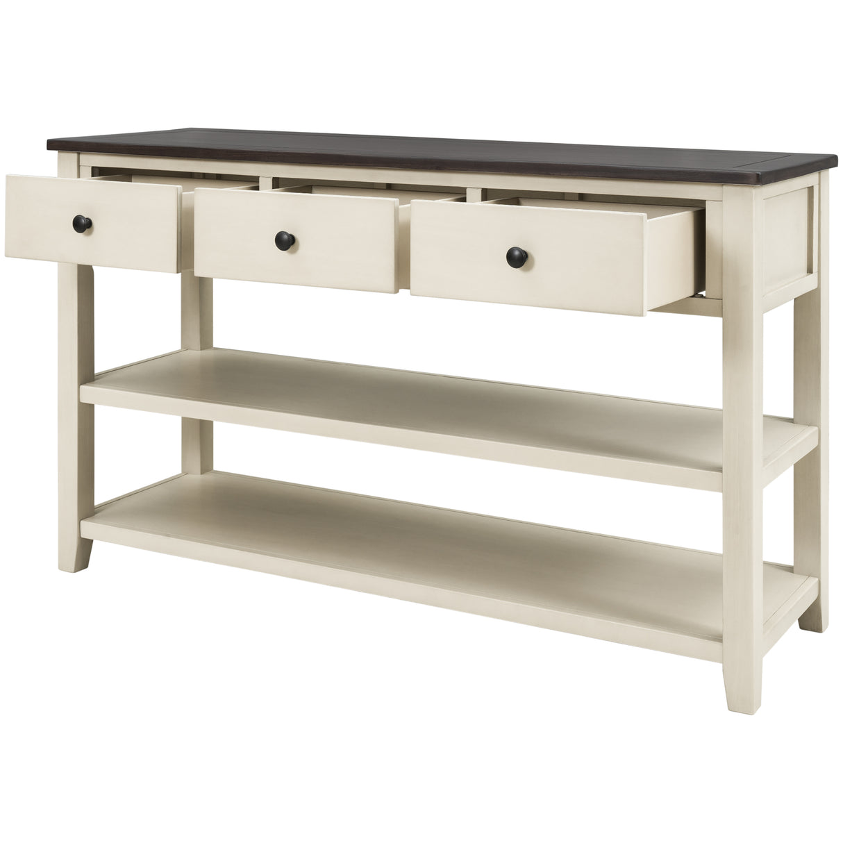 Retro Design Console Table with Two Open Shelves, Pine Solid Wood Frame and Legs for Living Room (Espresso+Beige) - V.I.P Digital Presence