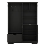 Multi-functional Hall Tree with Storage Shelves Drawers and Cabinet, Elegant Hallway Shoe Cabinet with Bench Modern Black - V.I.P Digital Presence