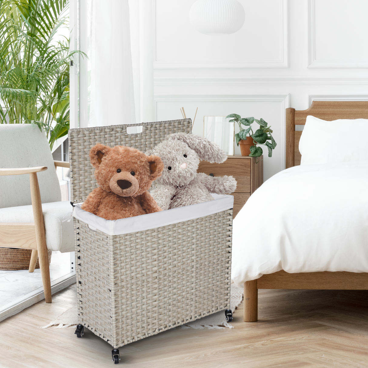 Laundry Hamper With Lid PE Rattan Powder Coating Frame Clothes Hampers with 02 Removable Bags, Wheels, 160L, Grey Color - V.I.P Digital Presence