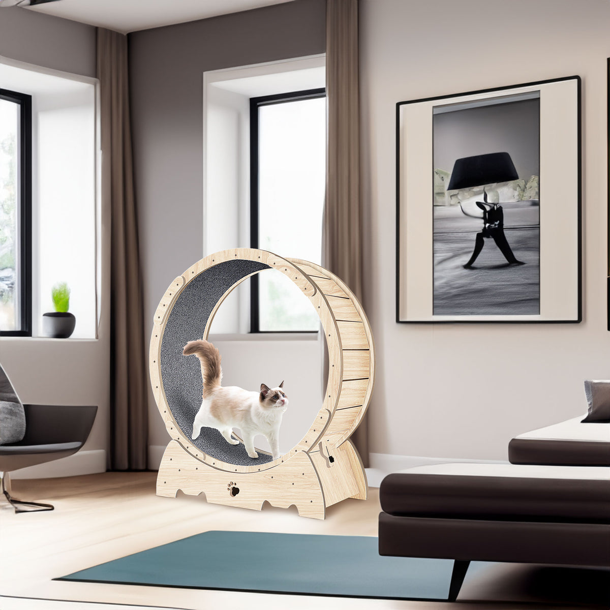 Cat Exercise Wheel for Indoor Cats, Cat Running Wheel with Carpeted Runway 37" Natural Wood Color - V.I.P Digital Presence