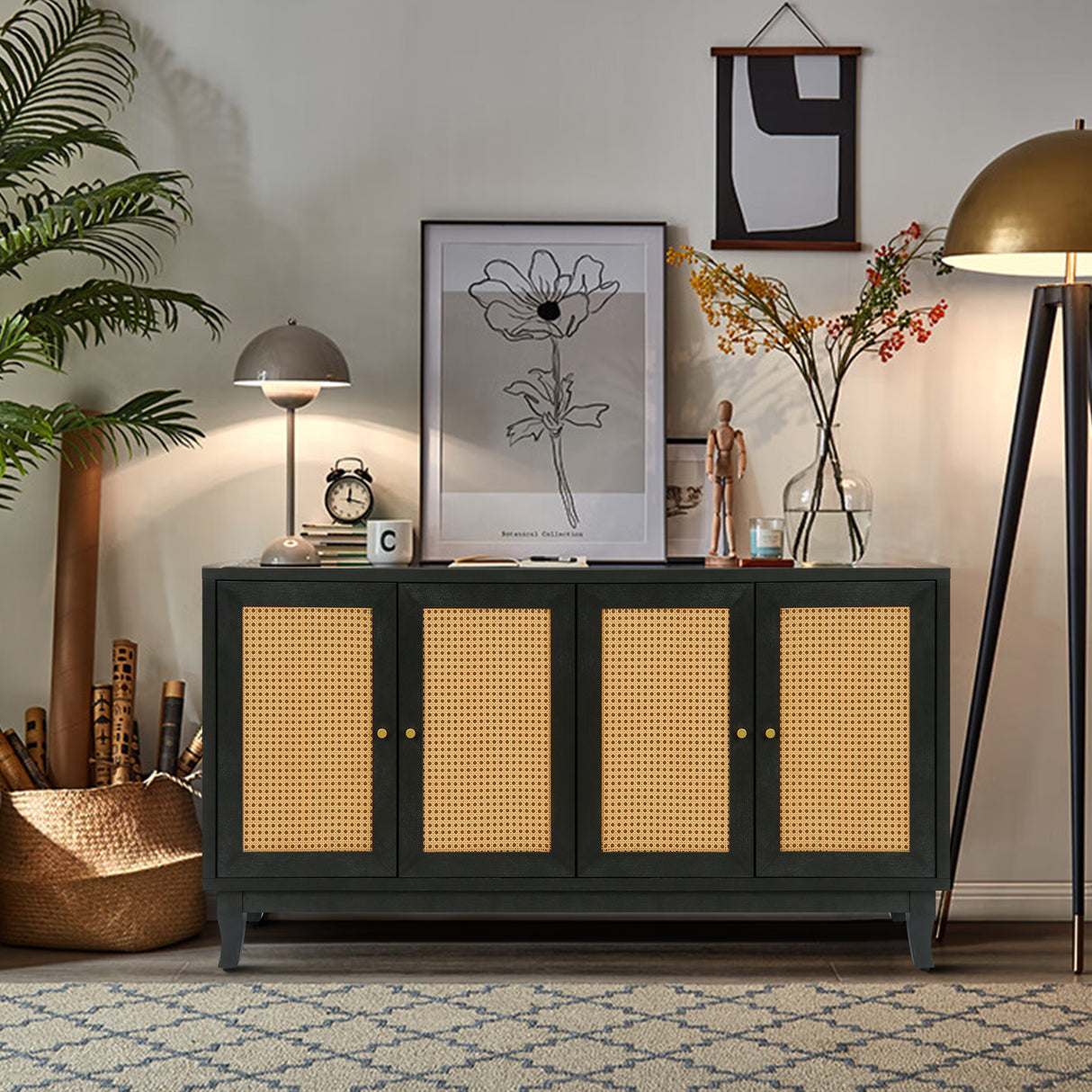 Handcrafted Premium Grain Panels Rattan Sideboard Buffer Cabinet Accent Storage Cabinet With 4 Rattan Doors BLACK - V.I.P Digital Presence