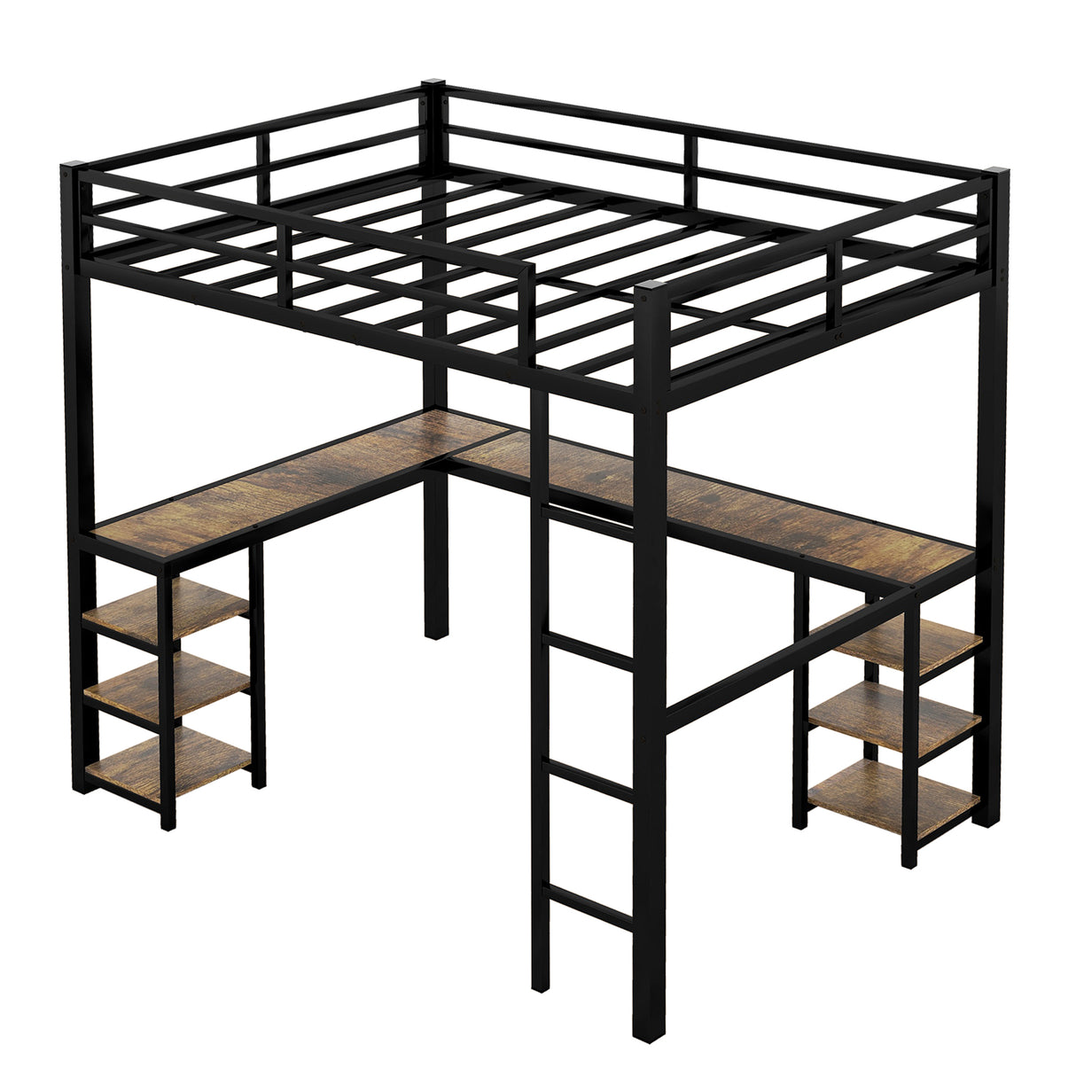 Full Metal Loft Bed with Desk and Shelves, Loft Bed with Ladder and Guardrails, Loft Bed Frame for Bedroom, Black - V.I.P Digital Presence