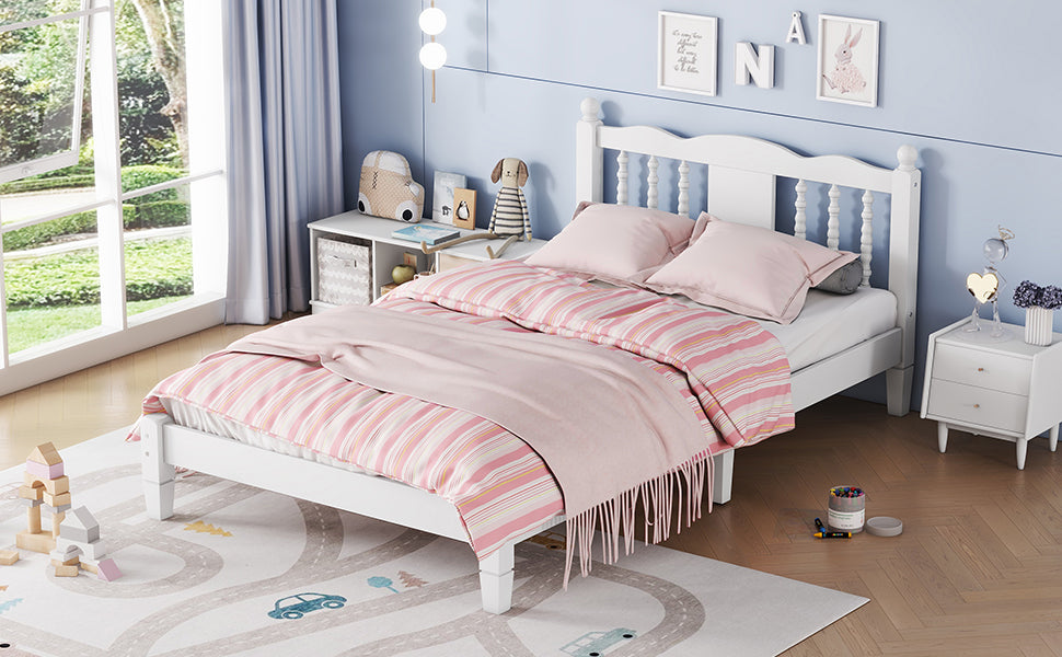 Twin Bed with Column-Decoration Headboard, with Bed Slats,White - V.I.P Digital Presence