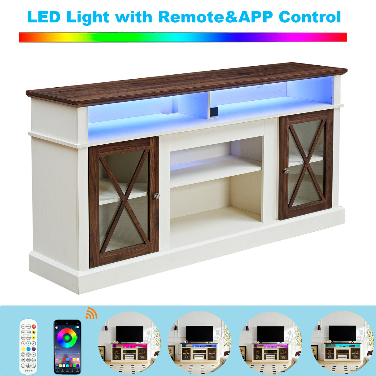 LED Farmhouse Style TV Stand for 65/70/75 inch TV with Outlet, Tall Body Media Entertainment Center Console - V.I.P Digital Presence