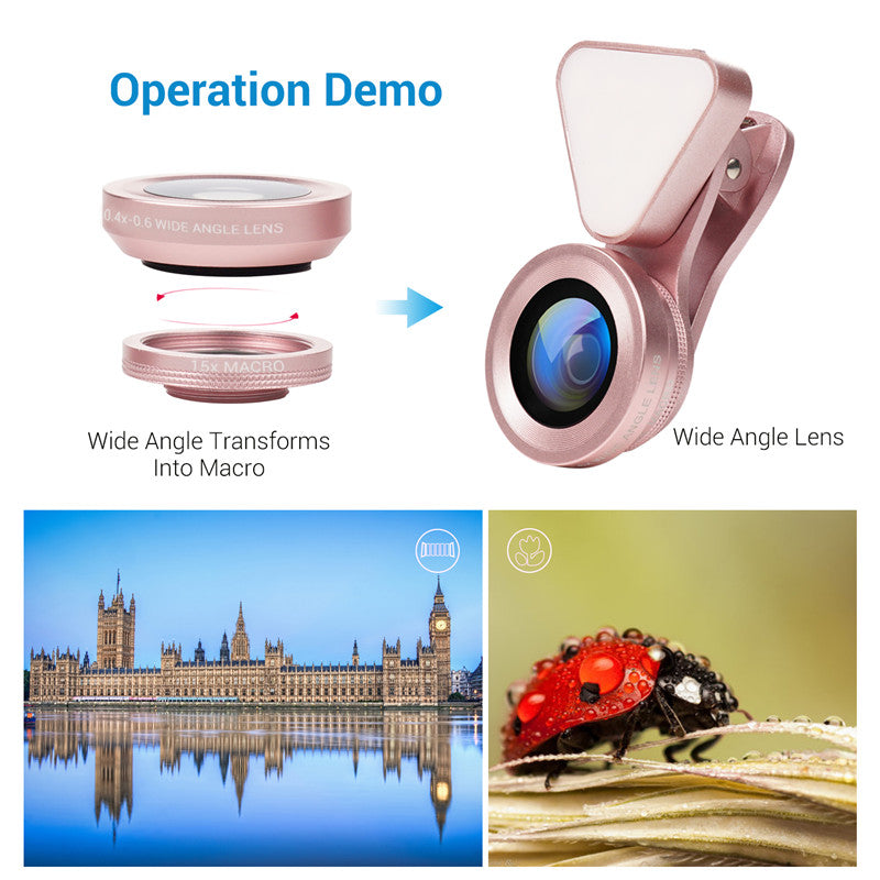 3 in 1 Phone Lens, LED Flish Light Lens For iphone SE X 8 7 6 6S Fish Eye Lens 0.4-0.6X Wide Angle+10X Macro Clip-on Lens - V.I.P Digital Presence