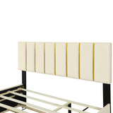 Queen Size Upholstered Platform Bed with 2 Drawers and 1 Trundle, Classic Metal Strip Headboard Design, Beige - V.I.P Digital Presence