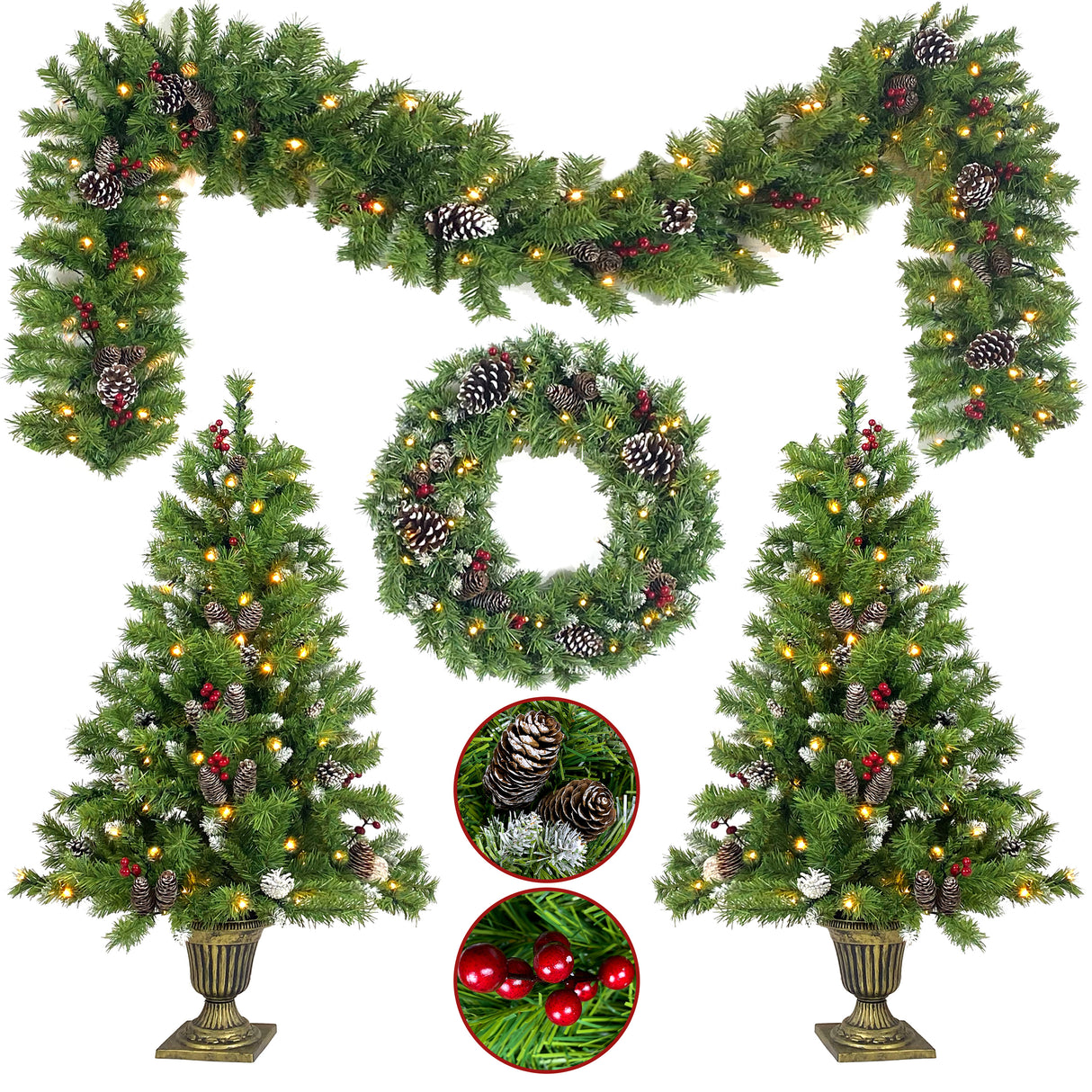 Christmas Tree Artificial Christmas 4-piece Set, including flower wreath, flower wreath, and 2 entrance trees, with LED lights - V.I.P Digital Presence