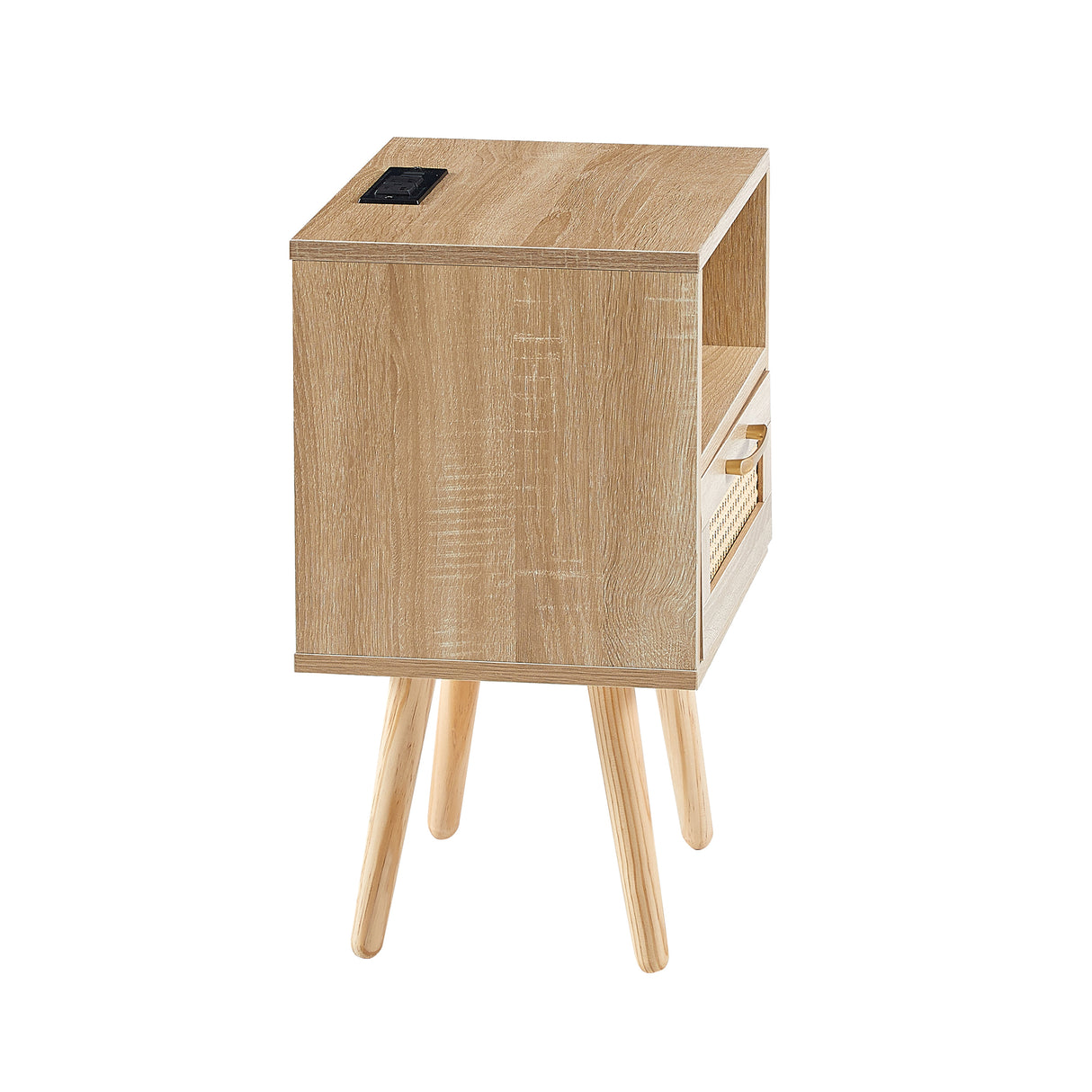 15.75" Rattan End table with Power Outlet & USB Ports  Modern nightstand with drawer and solid wood legs - V.I.P Digital Presence