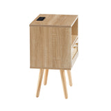 15.75" Rattan End table with Power Outlet & USB Ports  Modern nightstand with drawer and solid wood legs - V.I.P Digital Presence