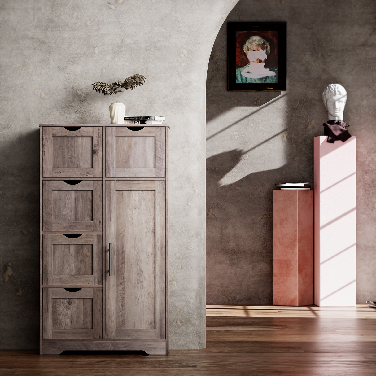 Bathroom Storage Cabinet with Storage 5 Drawers and 1 Door, Entryway Cabinet with Adjustable Shelf Grey - V.I.P Digital Presence