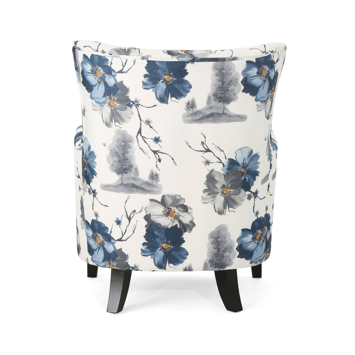 Modern retro printed fabric cushioned club chair, white and blue patterned armchair - V.I.P Digital Presence
