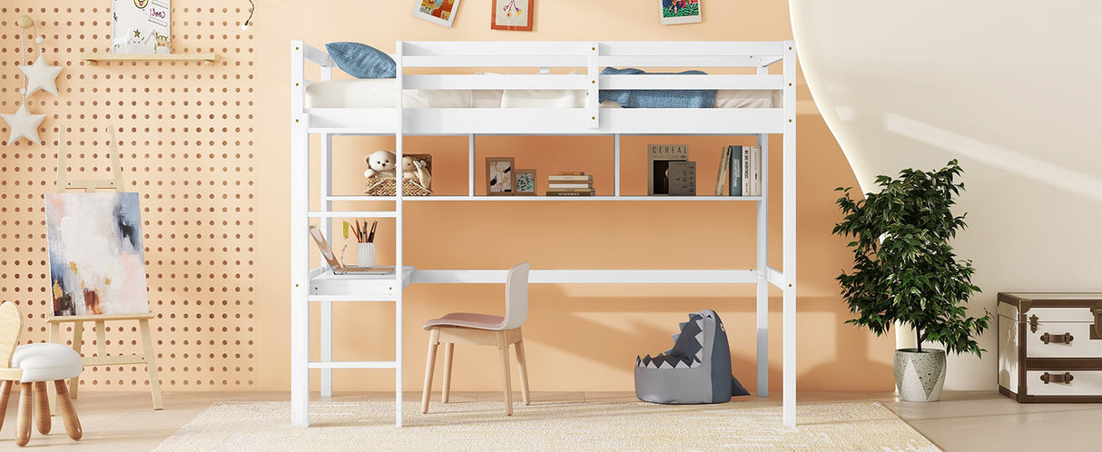 Twin Loft Bed with built-in desk and bookcase of three compartments, Guardrails and Ladder,White - V.I.P Digital Presence