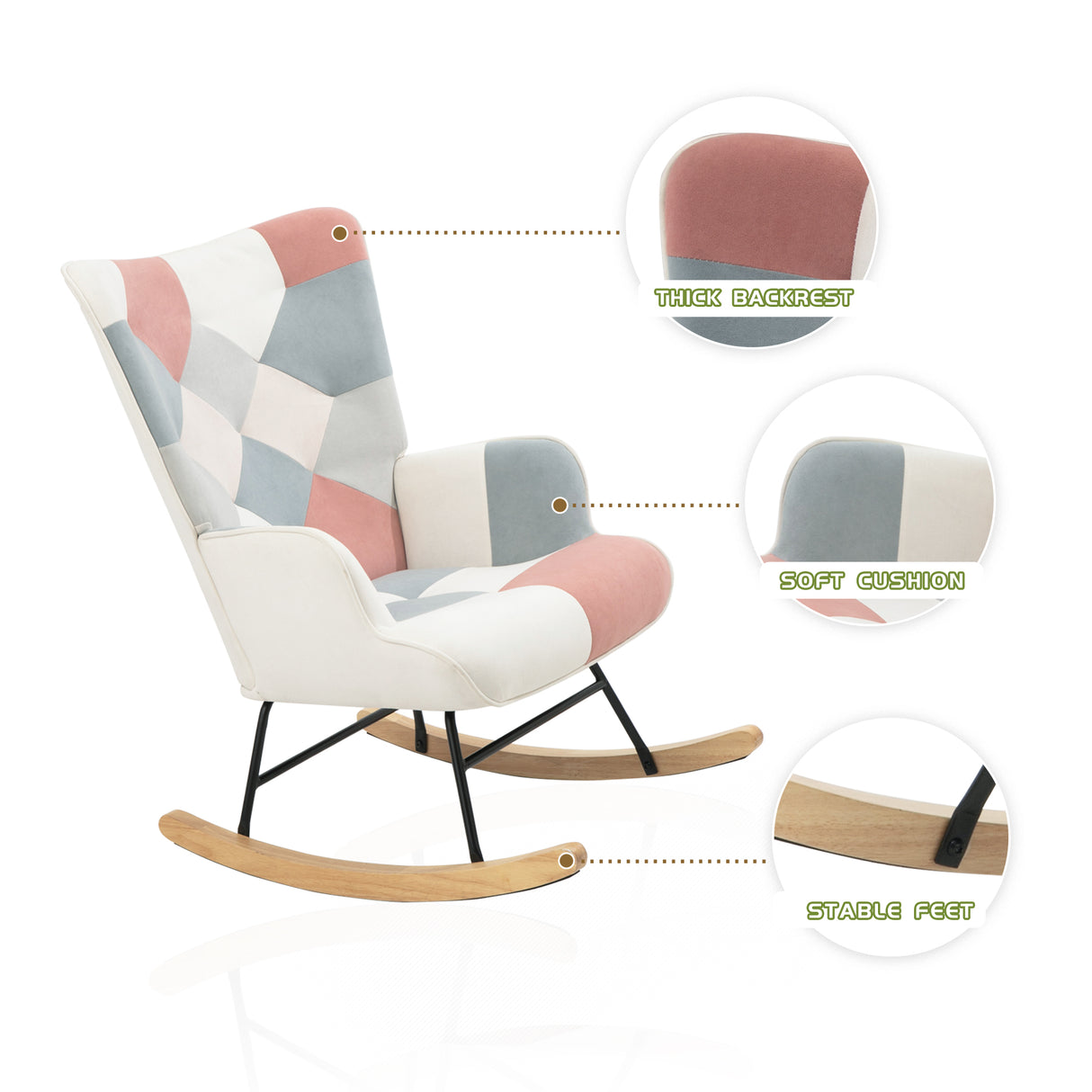 Rocking Chair with ottoman, Mid Century Fabric Rocker Chair with Wood Legs and Patchwork Linen for Livingroom Bedroom - V.I.P Digital Presence
