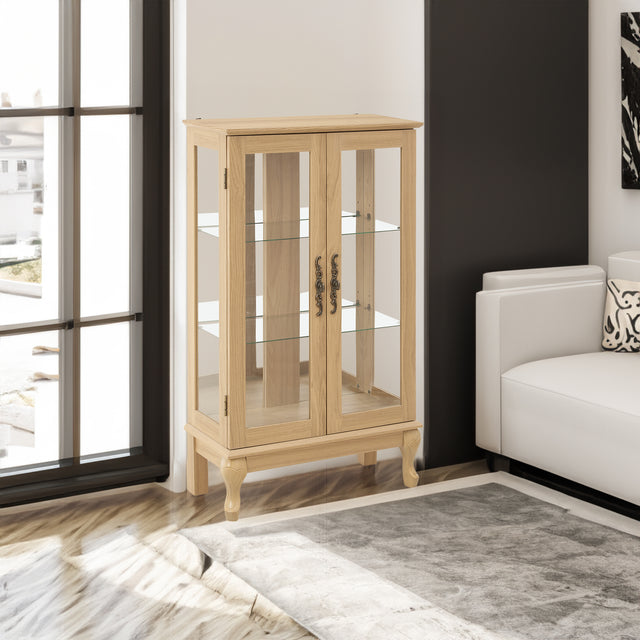 Dual door Curio cabinet with tempered glass doors, mirrored back panel and adjustable shelves, home lighting display cabinet Oak - V.I.P Digital Presence